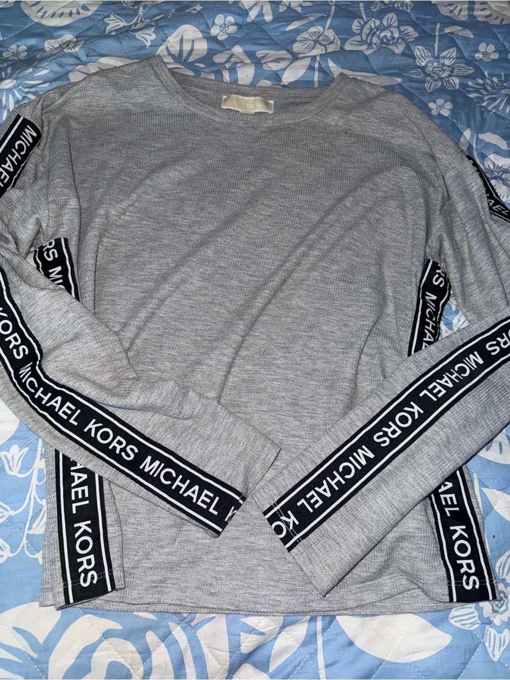 Michael Kors Light Grey Crewneck Top with Black Logo Tape